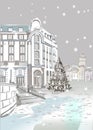 Christmas greeting card. Hand drawn vector Illustration of the snowy street with a diamond tree.